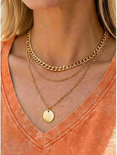  Damesketting met ronde schijfhanger in goud-zilveren lagen, minimalistische meerlaagse ketting van legering, elegante ketting voor elke dag, geschikt voor vakantie, werk, feestjes en als cadeau.