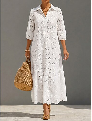  Damen Maxikleid Boho-Kleid Cut-out-Kleider Vintage Täglich Lässiger Schnitt Einfarbig Dreiviertelarm Hemdkragen Weiß Sommer