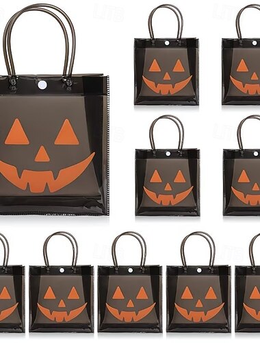  8 stk. gjennomsiktige halloween-gaveposer - svarte håndtak, solide PVC-festgaveposer, egnet for halloween-gaver, godteri og små gaver, halloween-gaver robuste og slitesterke