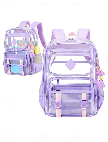  Mochila transparente morada para niños y adolescentes, mochila escolar de PVC transparente con correas de hebilla arcoíris, mochila kawaii con múltiples bolsillos para niñas, niños, escuela y viajes.