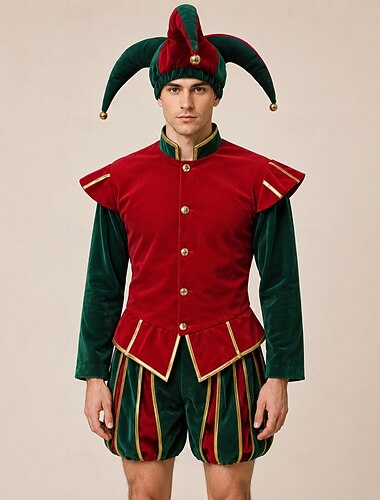 Set Retro / vintage Medeltida kostymer Renässans Kappa Byxa Hattar Lång ärm Joker Maskeradkläder Herr fantasi Jul Halloween Karnival Fest Renässansmässan Vuxna Kappa Shorts Hatt