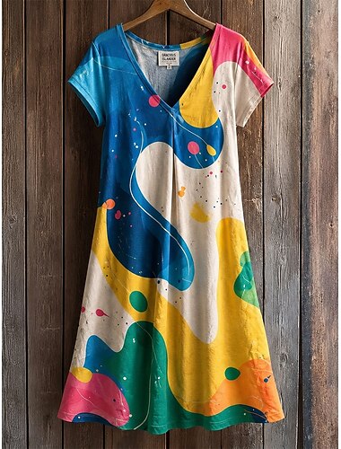  Damen Knielanges Kleid Shiftkleid T-Shirt-Kleid Sommerkleid Elegant Bohemien Urlaub Strand Party Ferien Normale Passform Blumen Grafik Stern Kurzarm V Ausschnitt Blau Weiß Gelb Rote Sommer Frühling