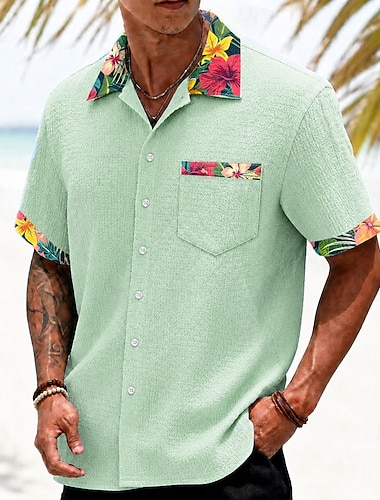  Herren Blumen Kokospalme Tropische Pflanzen Hawaiihemden Crinkle-Shirt Tropische Hemden Kurzarm Hawaiianisch Täglich Strandurlaub Sommer Frühling Umlegekragen Weich Hemden mit Knopfleiste Blau Khaki