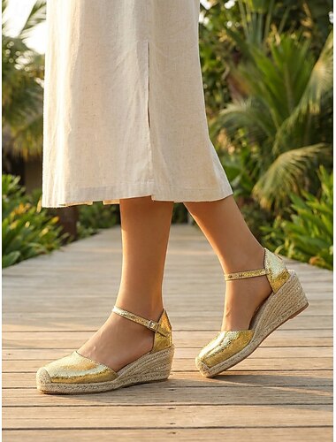  Sandali espadrillas con zeppa color oro metallizzato da donna - scarpe estive con plateau e cinturino alla caviglia in pelle lucida per vacanze all'aperto e resort & crociera