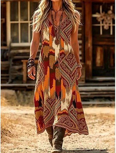  Dames Maxi-jurk Zonnejurk Zomerjurk Vakantie Casual Boho Dagelijks Feestdagen Uitgaan Ruim Passend Bloemig Mouwloos V-hals Donker Bruin Licht Bruin Kameel Zomer Lente