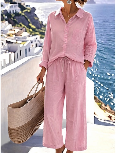  Set di pantaloni in cotone e lino da donna Bolero Top Camicia a maniche lunghe Colletto Colore solido Moda Streetwear Casuale Quotidiano Outdoor Blu Nero Bianco Estate Vestibilità ampia
