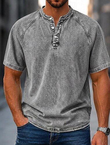  Herren T Shirt Jeans hemden Hemd aus 100 % Baumwolle in Säurewaschung Henley Oberteil Kurzarm Einfach Vintage Streetwear Lässig Gewaschen Raglanärmel Stehkragen Henley Lässig Heim Straße Herbst