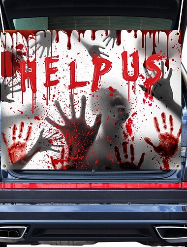  Zestaw dekoracji na bagażnik samochodu lub smakołyk do nawiedzonego domu z napisem „Pomóż nam” na Halloween, straszny baner na tło do SUV-a, osłona na drzwi garażowe, dekoracja na imprezę halloweenową