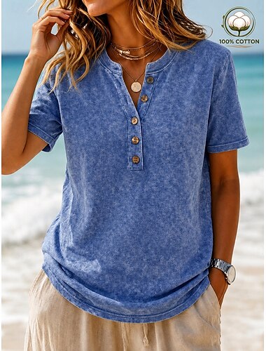  softfade™ maglietta henley da donna 100% cotone, effetto vintage lavato, maniche corte, top casual da spiaggia