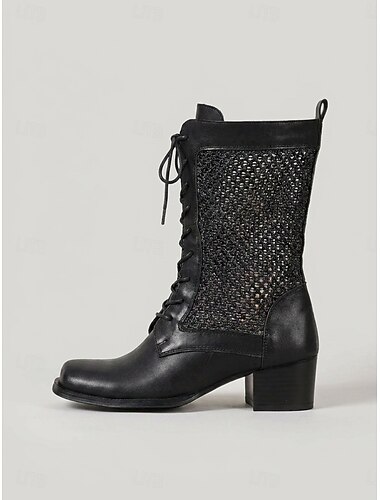  Zwarte, ademende dames combat boots tot halverwege de kuit – zomerse laarzen met vierkante neus, vetersluiting, geweven mesh panelen en lage blokhak, ideaal voor reizen, festivals en dagelijks
