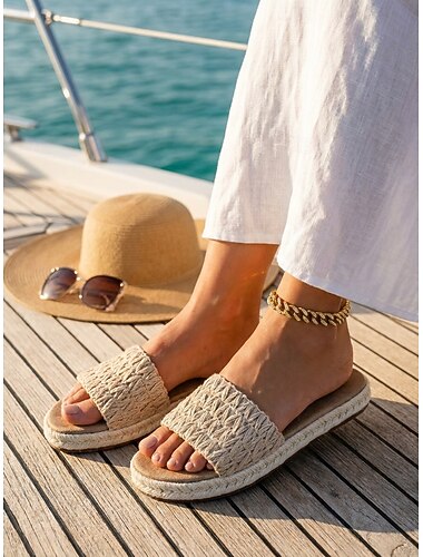  Damessandalen van geweven raffia - boho open teenslippers van stro voor een zomerse strandvakantie, natuurlijke espadrilles