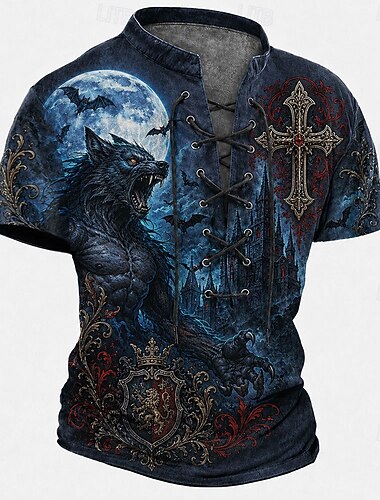  Homens Animal Lobo Cruz Camisa Henley Camiseta Manga Curta Camiseta Impressão 3D Pescoço Laço Henley Camisa Escuro Diário Festival Azul Vermelho Azul Escuro Primavera Verão Roupa S M L XL 2XL 3XL