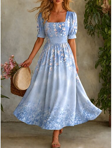  Damen Maxikleid A Linie Kleid Urlaub Lässig Boho Strand Ferien Normale Passform Blumen Grafik Kurzarm Rundhalsausschnitt Blau Purpur Grün Sommer Frühling