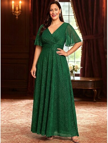  A-Lijn Enkel Lengte Bruidsgast Jurk Formele Jurken Avondjurk Moeder van de Bruid Jurk Halve Mouw V-Hals Plus Size Sparkle  Shine met Effen Kleur