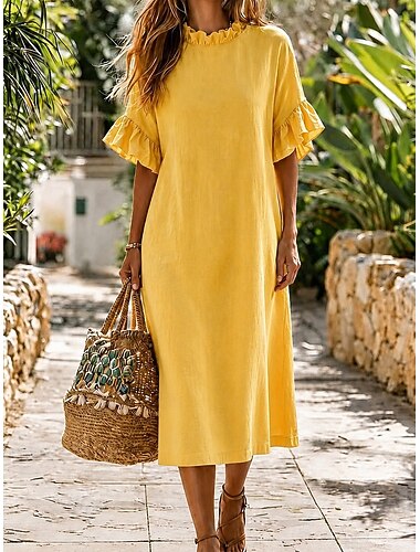  Mulheres Vestido midi Vestido de turno Férias Moda Casual Praia Férias Ajuste Largo Geométrica Meia Manga Gola Redonda Branco Amarelo Vermelho Azul Céu Verão