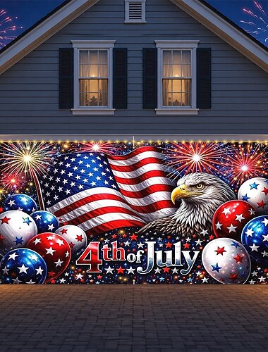 Decorazione per porta del garage per il 250° anniversario dell'indipendenza degli Stati Uniti, 4 luglio, con luci decorative, fuochi d'artificio, bandiera americana, sfondo patriottico per porta del garage, decorazione per festa commemorativa della libert