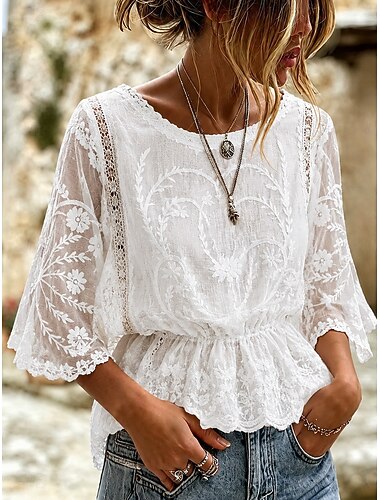  Dame Skjorte Blondeskjorte Bluse Blonde Broderi Helfarge Blomstret Grafisk Elegant Stilfull Fritid Halvlange ermer Flaggermusermer Crew-hals Vanlige topper Avslappet Daglig Ferie Blå Kakifarget Hvit