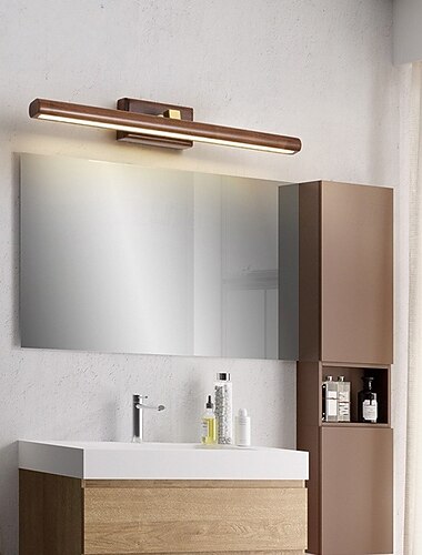  Applique murale LED pour miroir de salle de bain, orientable à 180°, en bois, avec miroir intégré. Idéale pour coiffeuse, salle de bain ou meuble-lavabo. Disponible en 3 couleurs d'éclairage.