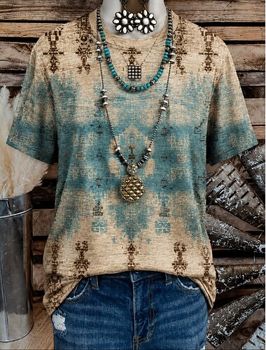  Dames western boho T-shirt met bloemenprint, geometrische vormen, vintage stijl, casual, korte mouwen, ronde hals, V-hals, lange top, casual, dagelijks, weekend, groen/blauw, lichtbeige, bruin
