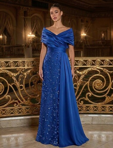  A-Linie Bodenlang Ballkleid mit Cape Abendkleid Elegant seidig Abendkleid mit Empire-Taille Kurzarm Schulterfrei Hochzeit Formell Satin Paillettenbesetzt Tiefer Wasserfall-Rückenausschnitt mit