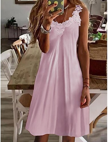  Dam Knälång klänning Spetsklänning Vardagsklänning Sommarklänning Elegant Mode Strand Semester Helgdag Normal Slät Ärmlös remmar Rodnande Rosa Sommar Vår