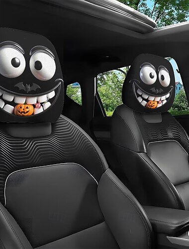  2/4 Stück lustige Kürbis-Fledermaus-Kopfstützenbezüge für Autos, niedliche Kopfstützenschoner mit Cartoon-Gesichtsaufdruck, universell passende, weiche und atmungsaktive Sitzbezüge, einfach zu