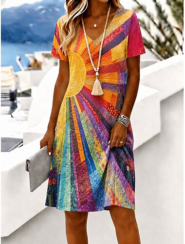  Damen Minikleid T-Shirt-Kleid A Linie Kleid Urlaub Lässig Boho Strand Normale Passform Grafik Geometrisch Kurzarm V Ausschnitt Orange Grün Sommer Frühling