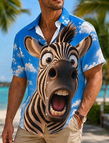  Voor heren dier Zebraprint Overhemd Zomer overhemd Korte mouw Grappig Dagelijks Buiten Strandvakantie Zomer Lente Strijkijzer 3D-afdrukken Voorste zak Overhemden met knoopjes blauw Blauw 2# Blauw 1#