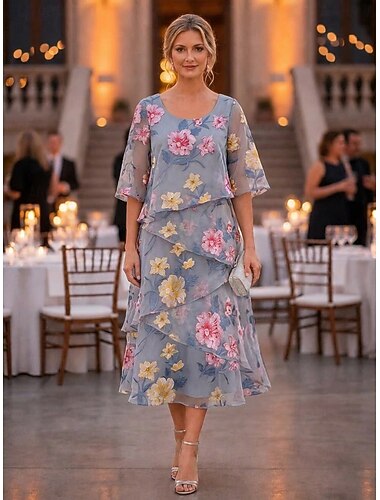  A-lijn Jurken Tot de enkel Over de knie Feestjurk Cocktail jurk Moeder van de bruid jurk Halve mouw Ronde hals Elegant Vintage Formeel Bruiloft gast Feestdagen Chiffon Jacquard met Geplooid