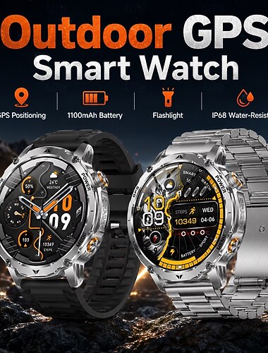  Relógio inteligente masculino para atividades ao ar livre com GPS, chamada Bluetooth, robusto, tático e militar, com GPS integrado, bateria de longa duração (1100 mAh), lanterna e pulseira de aço.