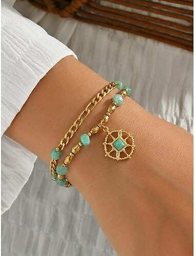  Damesarmband in bohemian stijl met meerdere lagen kralen en natuursteen. &Titanium stalen bedelarmband voor dames, een zomerse polssieraad met meerdere hangers, perfect voor vakantie, dagelijks