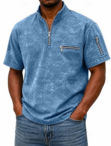  Camisas Polo Masculinas SoftFade™ Camisa Lavagem Ácida Casual Trabalho Gola Polo Zíper Quarto Curta Moda Básica Cor Sólida Com Zíper e Bolso Primavera Verão Azul Violeta Azul Marinho Verde