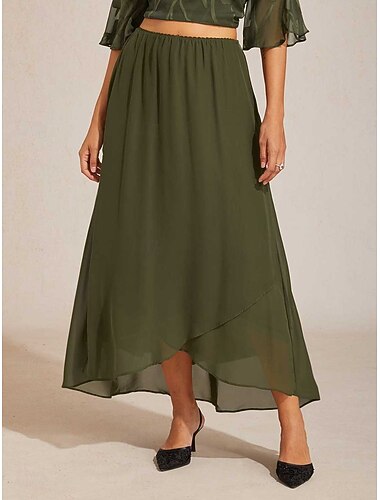  elegante maxi rok van chiffon voor dames, middelhoge taille, hoge/lage zoom, elastische tailleband, soepelvallend, niet-elastisch, casual, geschikt voor dagelijks gebruik, bruiloft, gasten,