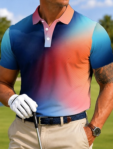  Per uomo Blocco di colori Geometrico Polo Sportivi Manica Corta Magliette polo Bavero Business Casual Athleisure Stampa 3D Bottoni Estate Primavera Giallo Arancione