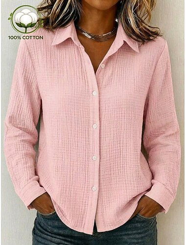  Dam 100% Bomuld Button Down skjorta Konsistens Knappar Dagligen Långärmad Ledigt Gul Rodnande Rosa Beige Vår, Höst, Vinter, Sommar