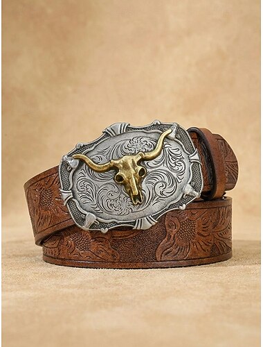  Western cowboyriem voor heren, vintage riem van imitatieleer met reliëf, verstelbare tailleband in countrystijl met grote gesp in de vorm van een stierenschedel, retro accessoire voor rodeo jeans,