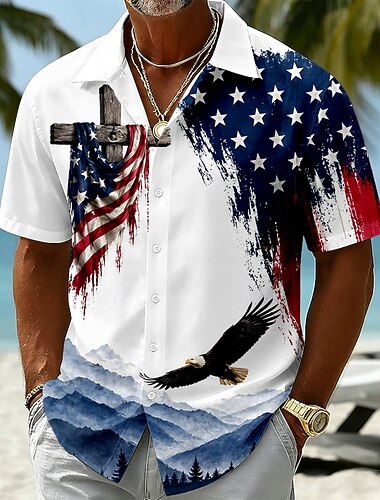  4. Juli 2026 250. Herren Adler Amerikanische Flagge Hemd Sommerhemd Knopfhemd Kurzarm Patriotisch Outdoor Festival Sommer Frühling Umlegekragen 3D-Druck Hemden mit Kragen Blau