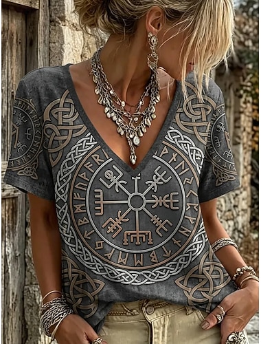  Dames T-shirt Afdrukken Grafisch Bohemen Vintage Stijlvol Korte mouw V-hals Normale tops Casual Dagelijks Uitgaan Wit Groen Grijs Zomer Lente