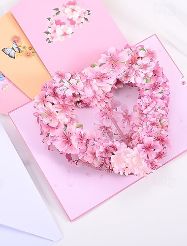  Biglietto d'auguri 3D a forma di fiore di ciliegio, con effetto pop-up, a forma di cuore, per moglie, fidanzata, mamma - biglietto d'auguri fatto a mano per compleanno, San Valentino, festa della