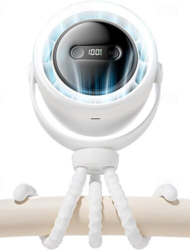  Ventilador portátil para cochecito, ventilador trípode flexible para bebé, ventilador personal recargable con pantalla LED de encendido, ventilador de escritorio de mano con soporte para teléfono para