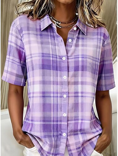  Dames Overhemd Grafisch Geometrisch Ruitjes Vintage Tropisch Stijlvol Korte mouw Overhemdkraag Normale tops Casual Dagelijks blauw Lichtgroen Paars Zomer Lente