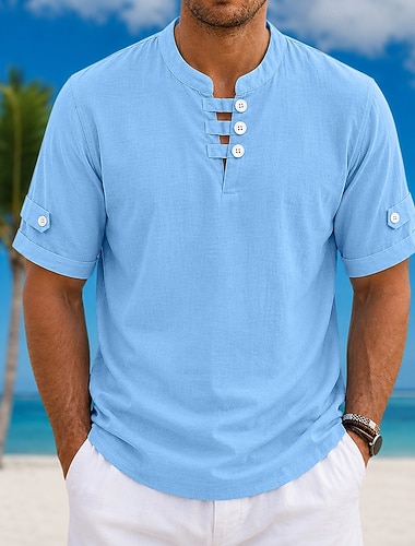  Herren 100% Baumwolle Poloshirts Lässig Urlaub Kragenlos Kurzarm Urlaub Modern Einfach Leicht Knöpfe Sommer Frühling Blau Weiß Gelb 100% Baumwolle