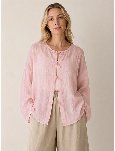  Camisa feminina de linho orgânico com gola redonda e mangas compridas