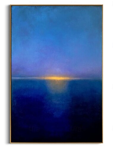  Cuadro abstracto pintado a mano sobre lienzo con puesta de sol azul, pintura de paisaje minimalista moderna, escena oceánica melancólica, decoración contemporánea para el hogar, pintura al óleo.
