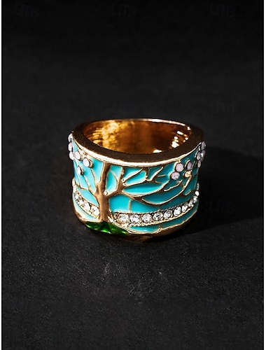  Damesring met brede levensboommotief, geëmailleerd, turquoise, goudkleurig en met kristallen. Opvallende ring, zomerse resort- en boho-stijl sieraden, verkrijgbaar in verschillende maten.