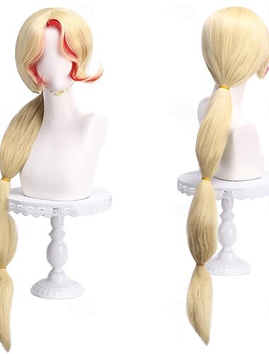  Parrucca lunga bionda per cosplay anime con ciocche rosse e coda di cavallo a bolle – capelli per costume dark fantasy