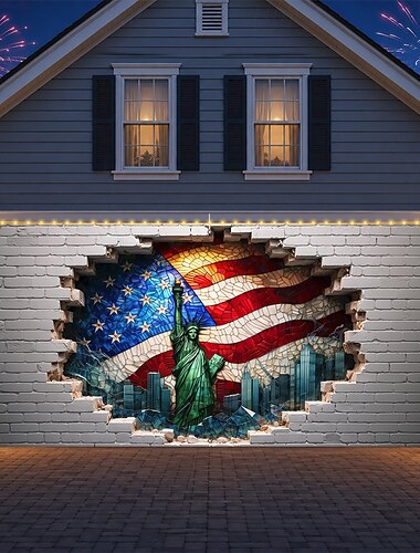  Garagentorabdeckung zum 250. Jahrestag der USA mit Lichterkette, 3D-Druck mit optischer Täuschung, Freiheitsstatue mit amerikanischer Flagge, patriotische Dekoration, Feier zum 500. Jahrestag, 4. Juli, Unabhängigkeitstag