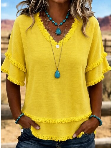  Mujer Camisa camisa boho Volante Franja Color sólido Plano Elegante Bohemia Vacaciones Manga Corta Escote en Pico Tops cortos Casual Amarillo Rosa Rojo Verde Trébol Gris Verano Primavera