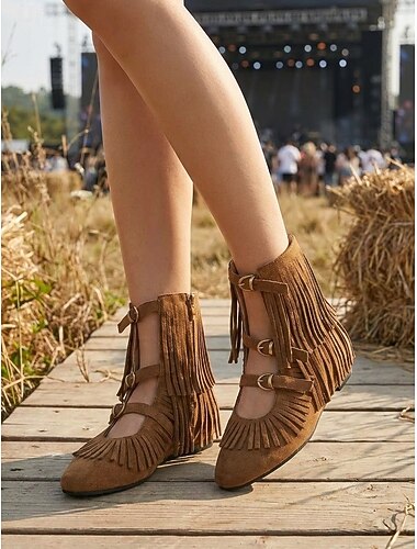 Bottines de festival en daim marron pour femmes - bottines plates bohèmes à franges avec triple bride à boucle pour Coachella &concert de musique country