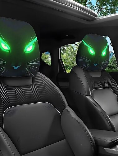  2/4 Stück coole, im Dunkeln leuchtende Auto-Kopfstützenbezüge mit Katzenaugenmuster, elastische Passform, leicht und waschbar, ideal für lange Autofahrten zur Entlastung, perfekt für Urlaubsreisen und